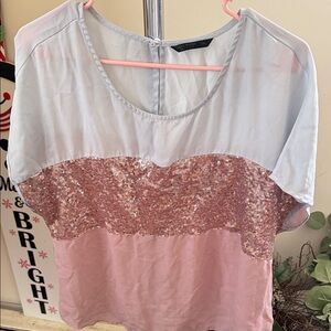SHEIN Light Blue and Pink Sequin Block Short Sleeve Top